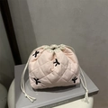 Quilted pink drawstring makeup bag with black embroidery and large storage capacity - Pink
