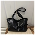 Large black shiny leather tote bag with silver eyelet details and comfortable shoulder strap - Black