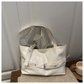 Minimalist white PU leather tote bag with silver buckle and adjustable shoulder straps - White