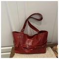 Large capacity vintage red PU leather tote bag with stylish buckle strap decoration - Red
