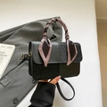 Black leather crossbody bag with sequin panels and decorative houndstooth silk scarf - Black