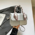 Silver-grey patchwork shoulder bag with woven texture and silk scarf wrapped handle - Silver