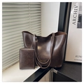 Set de bolso tote retro en cuero encerado marrón oscuro con bolso grande y estuche a juego - Marrón