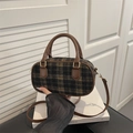 Brown plaid bowling bag for kids with leather straps and vintage British style finish - Black