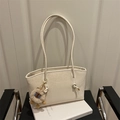 Chic beige tote bag in matte synthetic leather with trendy leopard print plush charm - White with Pendant