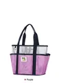 Detail van paarse mesh strandtas met diverse vakken en stevige blauwe handvatten - Paars