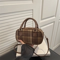 Brown plaid crossbody bag in warm wool fabric with brown handles and gold hardware - Brown