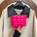 Pink quilted down clutch bag featuring a plush square pattern and metallic zipper - Rose Red