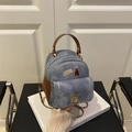 Mini mochila vaquera con ilustración de gato y adornos de cuero marrón - Azul