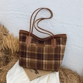 Sac cabas en laine à carreaux marron et beige avec anses en cuir au style vintage automne - Marron