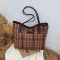 Grand sac cabas vintage en peluche à carreaux caramel pour femmes avec anses en cuir - Rouge
