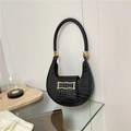 Elegant black crocodile pattern hobo bag with a stylish gold buckle and moon shape - Black