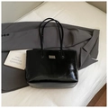 Glossy black PU leather tote bag with silver metal plate and long shoulder straps - Black without Pendant