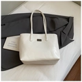 Minimalist white PU leather tote bag with silver metal plaque for women commuting - White Without Pendant