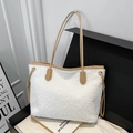 Bolso tote de felpa con ribete de cuero caqui, gran bolso de hombro elegante para mujer - Blanco