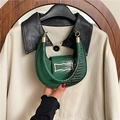 Green crocodile pattern half-moon shoulder bag with retro golden metal buckle design - Green