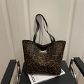 Large vintage leopard print tote bag with black straps and fashion label detail - Leopard Coffee