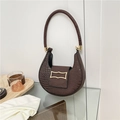 Dark brown crescent hobo bag with crocodile texture and gold wavy metal buckle - Taupe