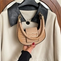 Khaki crescent moon shoulder bag with crocodile embossed texture and golden buckle - Khaki