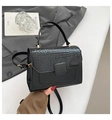 Close-up of crocodile pattern handbag with square magnetic buckle and smooth leather - Black