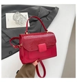 Detail of dark red crocodile embossed leather flap on a luxury crossbody handbag - Red