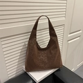 Large leopard print faux suede tote bag in dark brown with a minimalist single shoulder strap - Brown Leopard