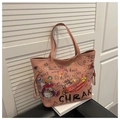 Grote roze lederen tote tas met graffiti beer en artistieke straatstijl - Roze