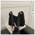 Schicke schwarze Schultertasche mit Leopardenmuster und verstellbarem breitem Stoffgurt - Schwarz