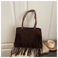 Bolso tote vintage de cuero esmerilado marrón oscuro con flecos y asas trenzadas - Marrón