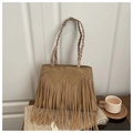 Bolso tote bohemio de ante marrón con flecos y correas de hombro tejidas - Caqui