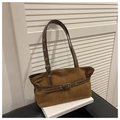 Detail of large brown vintage tote bag showing suede texture and leather strap buckles - Brown No Pendant