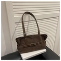 Detail of dark brown suede shoulder bag featuring adjustable silver buckle strap and stitching - Coffee without Pendant