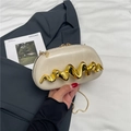 Beige leather box clutch bag with gold wavy metal handle and thin chain strap for women - Off White