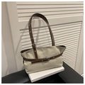 Close-up of retro canvas tote bag showing adjustable leather handles and metal buckle detail - Grey Without Pendant