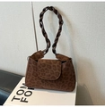 Detailed view of leopard print faux suede handbag with braided strap and embossed logo - Coffee Leopard Print Without Pendant