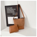 Detail of caramel brown composite leather tote with suede stitching and matching pouch - Tan