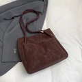 Dark brown matte leather tote bag with braided straps and vintage pleated design - Red