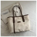 Minimalist beige tote bag with brown leather trim and shoulder straps on white fabric - No Pendant / White