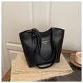 Classic black PU leather tote bag with gold lettering on soft brown knit scarf - No Pendant / Black