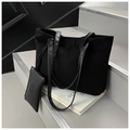 Grand cabas minimaliste en toile noire avec pochette assortie et anses en similicuir - Noir