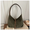 Dark green corduroy shoulder bag with brown leather straps and a minimalist design - Green