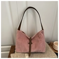 Pink corduroy shoulder tote bag with brown leather strap and decorative buckle - Pink