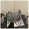 Gray glossy patent leather half-moon shoulder bag with a modern metallic finish - Gray