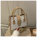 Chic monogram crossbody bag in grey and tan with large gold M metal ring detail - White