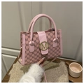 Pink crossbody bag with brown M-letter monogram print and golden metal buckle - Pink