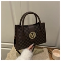 Retro dark coffee crossbody bag with M monogram print and golden metal buckle - Brown