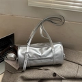 Silver metallic barrel bag with rivet strap on brown checkered blazer with accessories - Silver