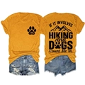 Detail view of orange T-shirt with hiking and dog print on front and back sides - Mustard Yellow (Black Print)