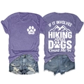 Detail view showing front logo and back hiking slogan on purple t-shirt with denim shorts - Purple (White Print)