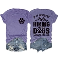 Front and back view of hiking and dogs graphic print on purple crew neck T-shirt - Purple (Black Print)